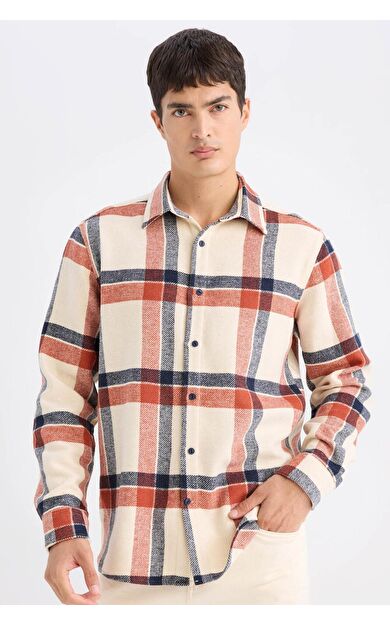 DeFacto Regular Fit Polo Yaka Kareli Flanel Uzun Kollu Gömlek E0989AX24WNER103
