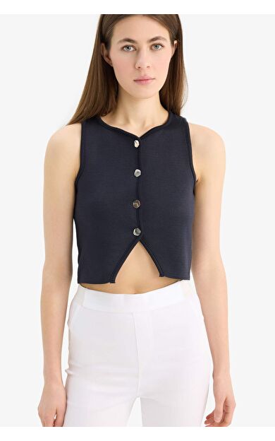 DeFacto Regular Fit Bisiklet Yaka Düğmeli Siyah Triko Yelek