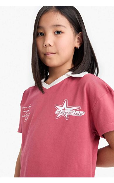 DeFacto Kız Çocuk Boxy Fit Polo Yaka Baskılı Kısa Kollu Tişört