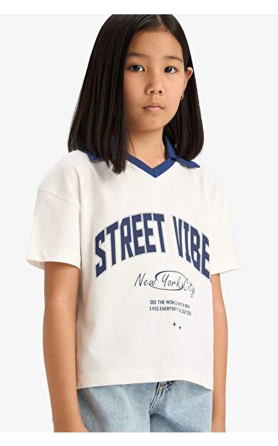 DeFacto Kız Çocuk Boxy Fit Slogan Baskılı Kısa Kollu Polo Tişört