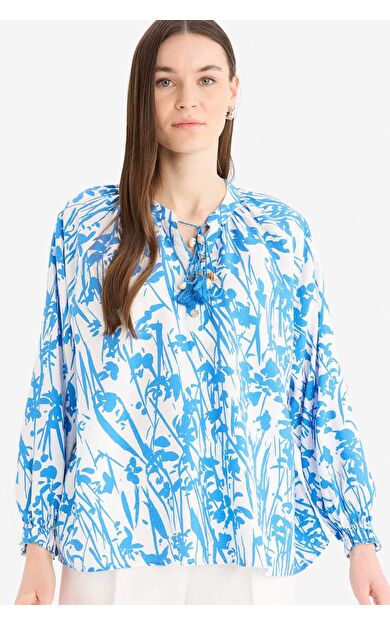 Relax Fit Bağcıklı Yaka Desenli Uzun Kollu Gömlek Tunik