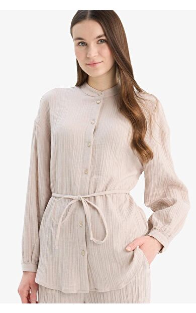 Relax Fit Basic Düz Bağcıklı Müslin Uzun Kollu Gömlek