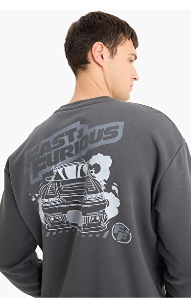 DeFacto Fast & Furious Boxy Fit Bisiklet Yaka Baskılı Kalın Sweatshirt