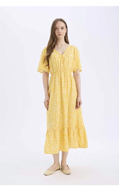 A Kesim V Yaka Kısa Kollu Elbise