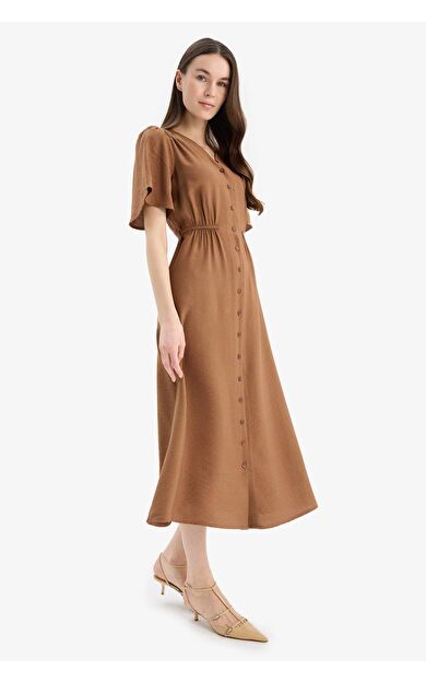 A Kesim V Yaka Kısa Kollu Midi Elbise