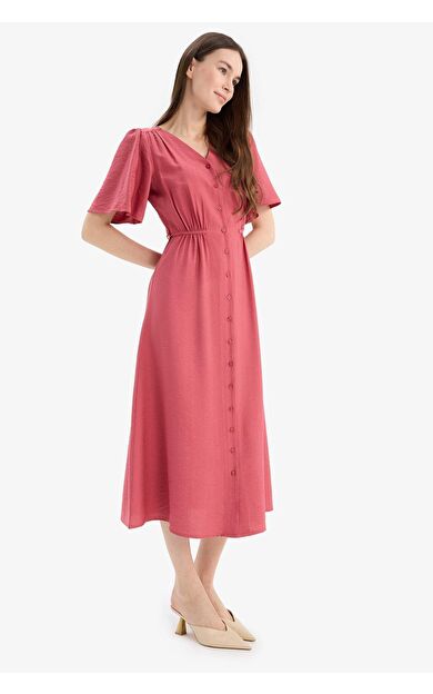 A Kesim V Yaka Kısa Kollu Midi Elbise