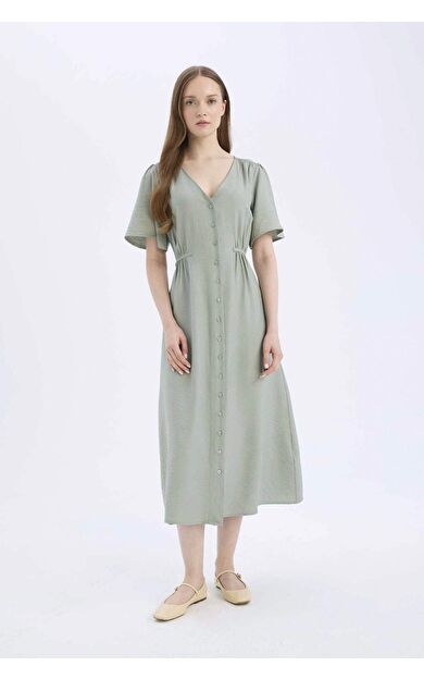 A Kesim V Yaka Kısa Kollu Elbise