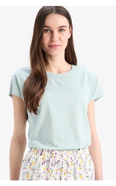 DeFacto Bisiklet Yaka Basic Düz Flamlı Pamuk Kısa Kollu Tişört E1159AX25SMTR515