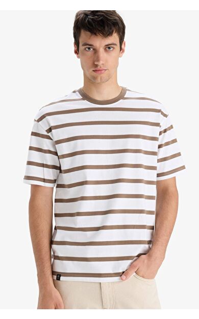 DeFacto Boxy Fit Bisiklet Yaka Çizgili Kısa Kollu Tişört E1160AX25AUBN571