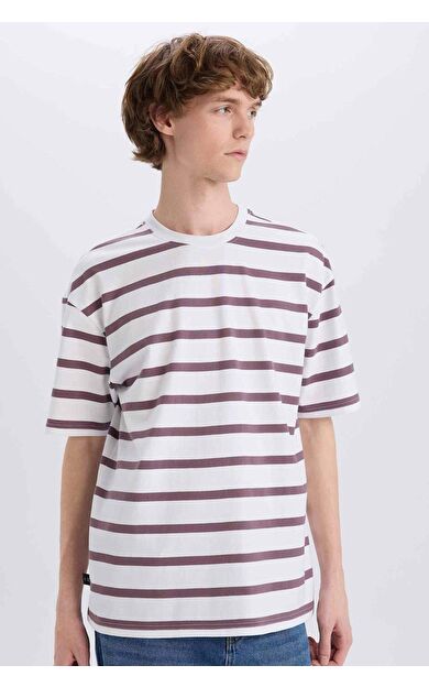 DeFacto Boxy Fit Bisiklet Yaka Çizgili Kısa Kollu Tişört E1160AX25SMPR334