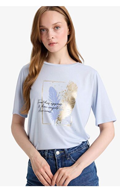 DeFacto Regular Fit Bisiklet Yaka Baskılı Kısa Kollu Tişört E1164AX25SPBE219