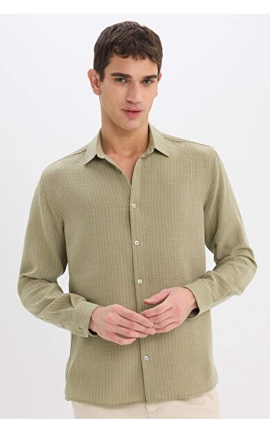 DeFacto Regular Fit İtalyan Yaka Keten Görünümlü Uzun Kollu Gömlek