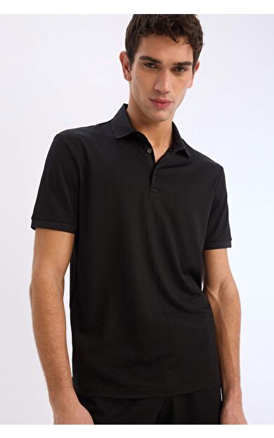 DeFacto Slim Fit Dar Kesim Dokulu Kısa Kollu Krinkıl Polo Tişört E1222AX25SMBK81