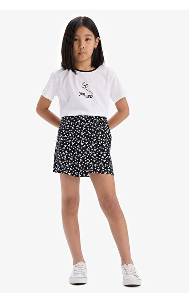 DeFacto Kız Çocuk 2'li Takım Kısa Kollu Tişört Desenli Esnek Belli Şort Etek