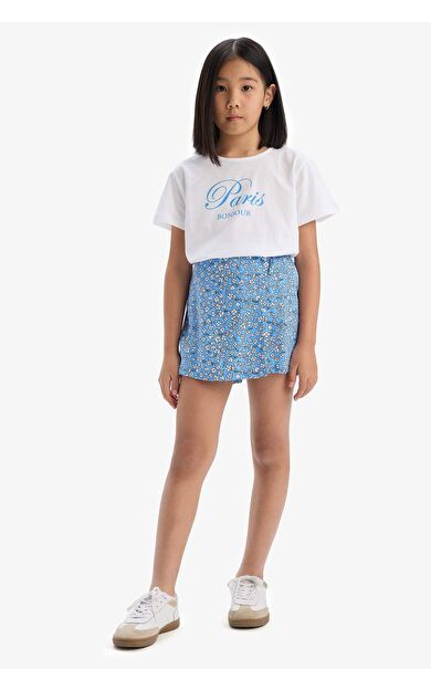 DeFacto Kız Çocuk 2'li Takım Baskılı Kısa Kollu Tişört Çiçekli Şort Etek
