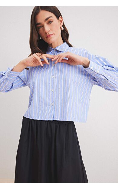 Relax Fit Çizgili Poplin Uzun Kollu Gömlek Tunik