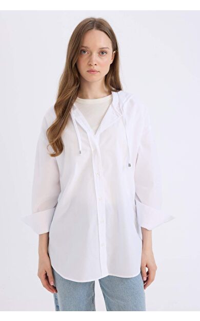 Relax Fit Kapüşonlu Basic Düz Poplin Uzun Kollu Beyaz Gömlek Tunik