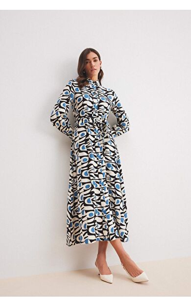 Gömlek Yaka Desenli Kuşaklı Uzun Kollu Maxi Elbise