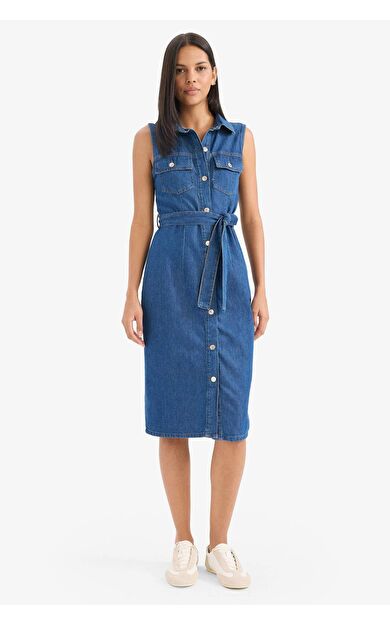 Gömlek Yaka Kuşaklı Yumuşak Jean Midi Elbise