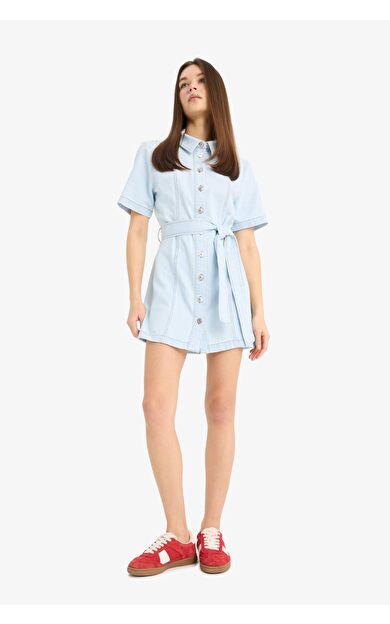 Polo Yaka Düğmeli Kısa Kollu Jean Elbise