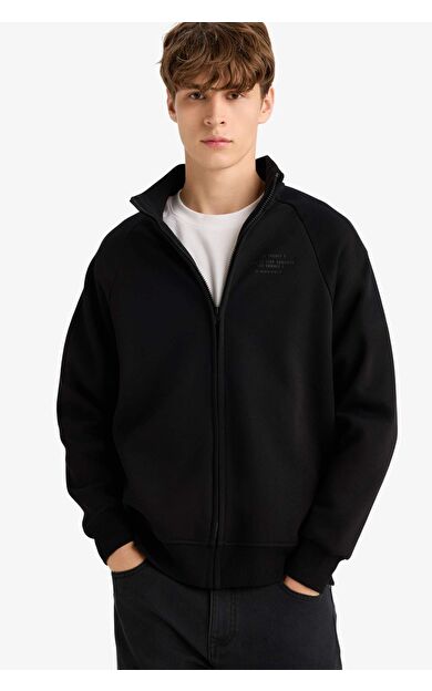 DeFacto Boxy Fit Dik Yaka Baskılı İçi Yumuşak Tüylü Hırka E1367AX25AUBK81