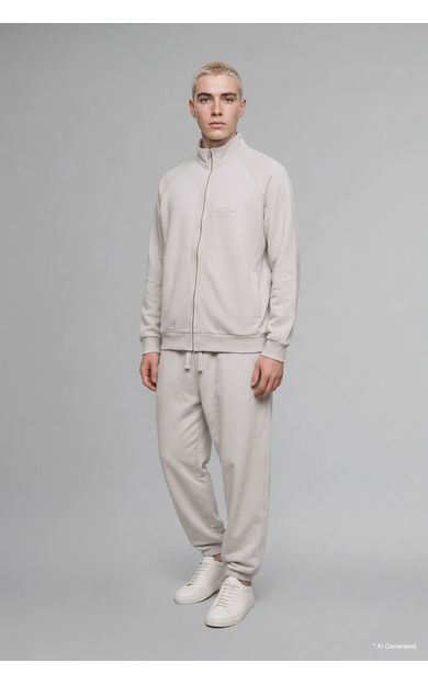 DeFacto Boxy Fit Dik Yaka Baskılı İçi Yumuşak Tüylü Cepli Fermuarlı Sweatshirt Gri