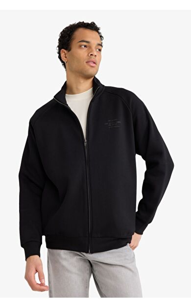 DeFacto Boxy Fit Dik Yaka Baskılı İçi Yumuşak Tüylü Cepli Fermuarlı Sweatshirt