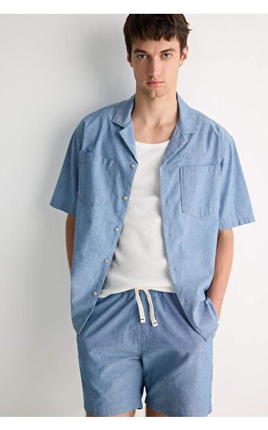 DeFacto %100 Pamuk Relax Fit Jean Kısa Kollu Gömlek