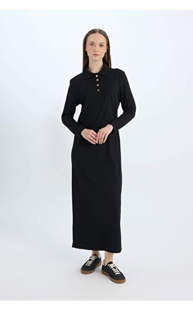 DeFacto Regular Fit Gömlek Yaka Basic Düz Uzun Kollu Pike Maxi Elbise