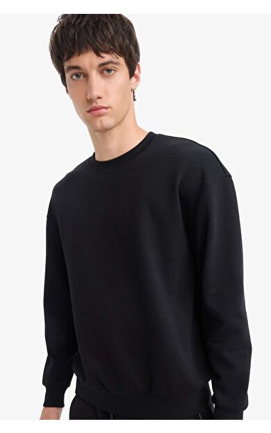 Boxy Fit Bisiklet Yaka Basic Düz Pike Sweatshirt E1519AX25AUBK81