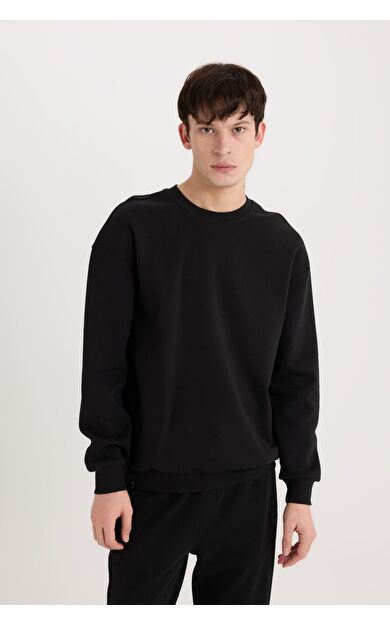 DeFacto Boxy Fit Bisiklet Yaka Basic Düz Pike Sweatshirt E1519AX25SPBK81