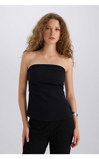 Fitted Bengalin Basic Düz Straplez Siyah Bluz