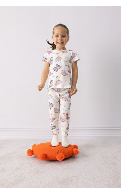 DeFacto Kız Bebek Pijama Takımı Dinazor Baskılı Kısa Kollu Penye Pijama Üstü Esnek Belli Uzun Pijama Altı