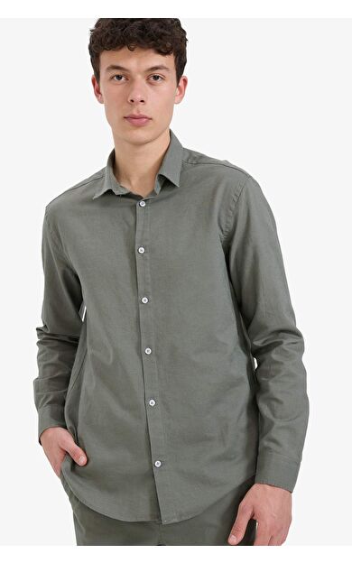 DeFacto Regular Fit Polo Yaka Keten Yazlık Uzun Kollu Gömlek E1729AX25SPKH422