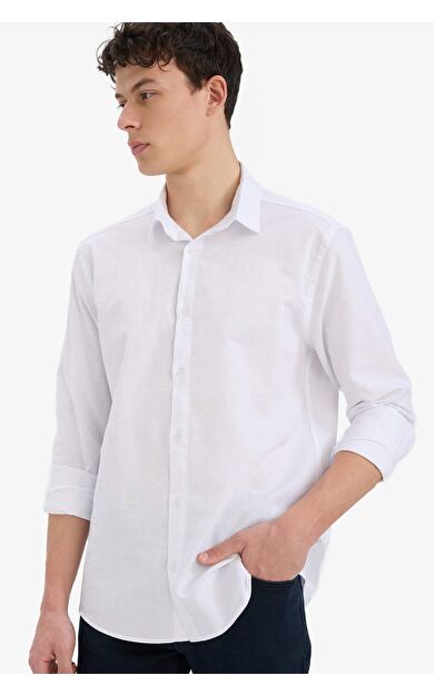 DeFacto Regular Fit Polo Yaka Keten Yazlık Uzun Kollu Gömlek E1729AX25SPWT34