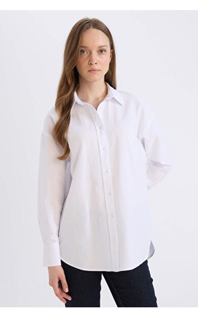 Relax Fit Basic Düz Oxford Uzun Kollu Gömlek Tunik