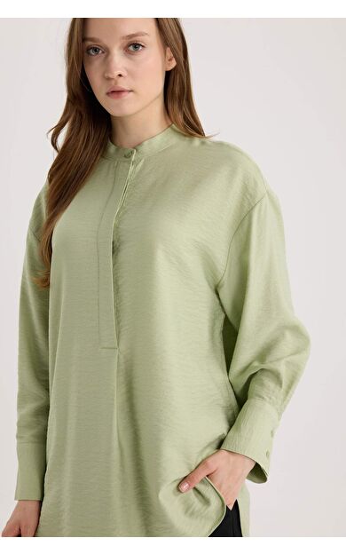 Relax Fit Hakim Yaka Basic Düz Uzun Kollu Gömlek Tunik