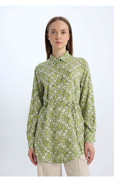 DeFacto Regular Fit Desenli Kuşaklı Uzun Kollu Gömlek Tunik