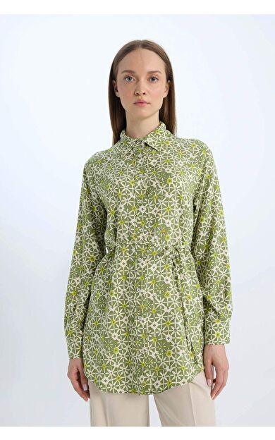 Regular Fit Desenli Kuşaklı Uzun Kollu Gömlek Tunik