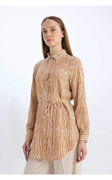 Regular Fit Desenli Kuşaklı Uzun Kollu Gömlek Tunik