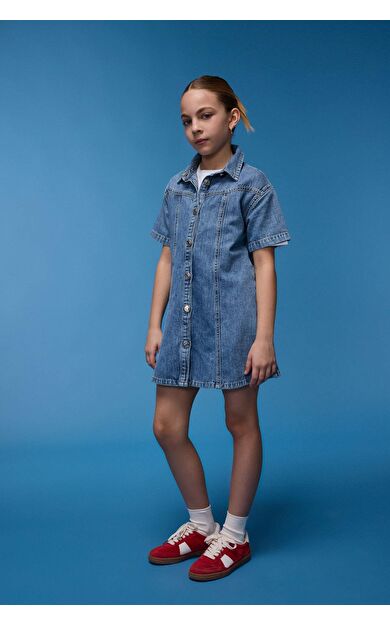 DeFacto Kız Çocuk Gömlek Yaka Kısa Kollu Pamuklu Jean Elbise