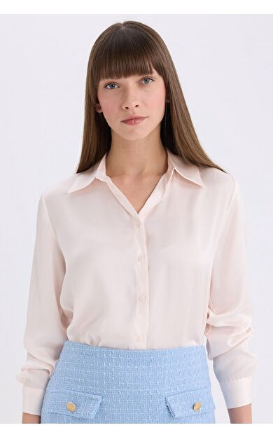 DeFacto Regular Fit Basic Düz Saten Uzun Kollu Gömlek E1783AX24WNER194