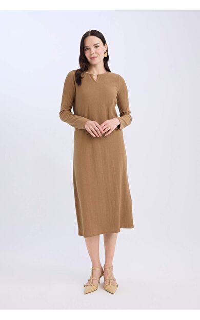 Bisiklet Yaka Basic Düz Bürümcük Uzun Kollu Maxi Elbise