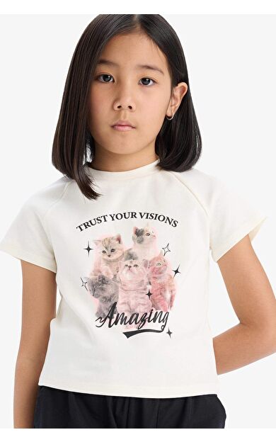 DeFacto Kız Çocuk Fitted Bisiklet Yaka Anime Baskılı Kısa Kollu Tişört