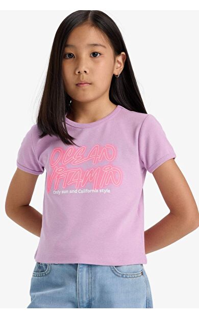 DeFacto Kız Çocuk Fitted Bisiklet Yaka Basic Düz Ribana Kısa Kollu Tişört