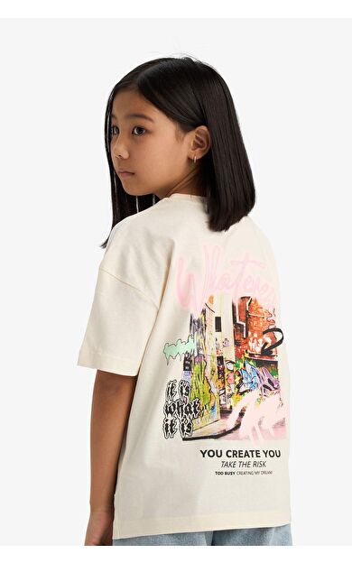 DeFacto Kız Çocuk Oversize Geniş Kalıp Bisiklet Yaka Baskılı Kısa Kollu Tişört E1829A825SMER238