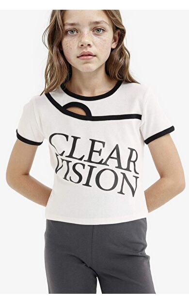 DeFacto Kız Çocuk Slim Fit Dar Kesim Bisiklet Yaka Slogan Baskılı Fitilli Kaşkorse Kısa Kollu Tişört E1878A825SMER85