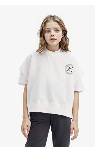 DeFacto Kız Çocuk Oversize Geniş Kalıp Bisiklet Yaka Kısa Kollu Baskılı Sweatshirt