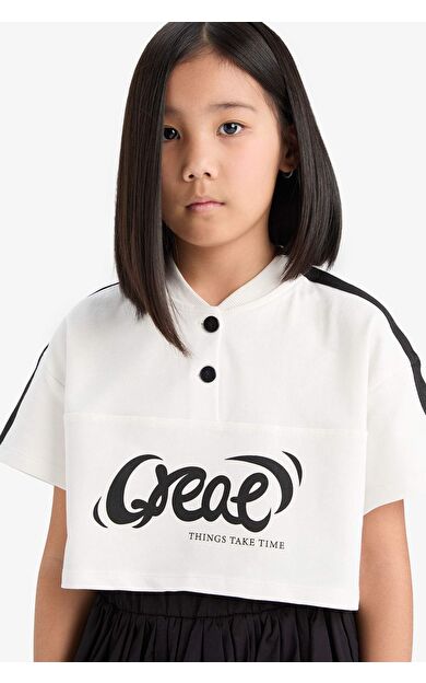 DeFacto Kız Çocuk Crop Bisiklet Yaka Düğmeli Baskılı Kısa Kollu Tişört