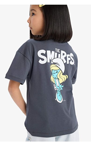 DeFacto Kız Çocuk The Smurfs Relax Fit Bisiklet Yaka Sırt Baskılı Kısa Kollu Tişört